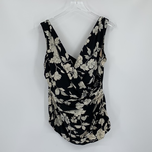 Lands End Slender Surplice skirted swimsuit Tummy Control black floral new 20W - Picture 1 of 5